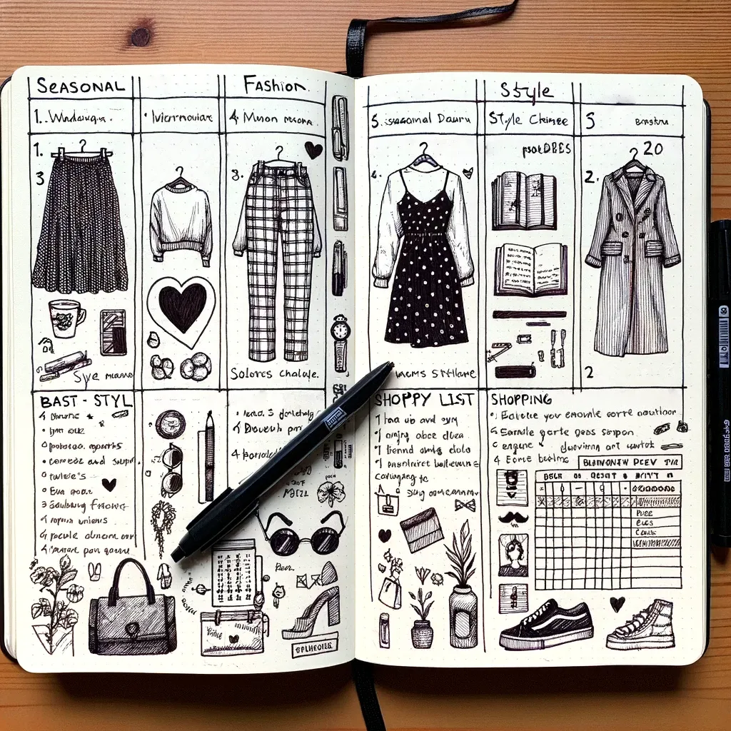 A hand-drawn bullet journal spread focusing on fashion, created with just a black pen. The layout includes four distinct sections