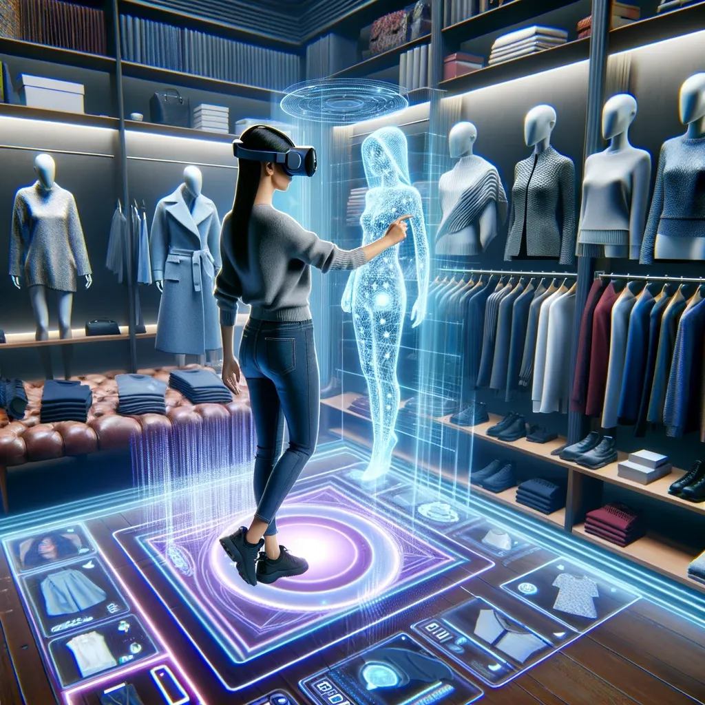 A realistic depiction of a person shopping in a virtual reality environment for fashion. The person is wearing a modern, sleek VR headset and is surroundings