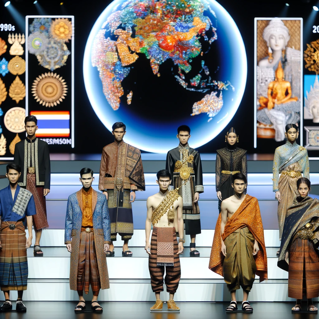 1990s-2000s Thai fashion, illustrating globalization and fashion fusion, with Thai designers showcasing a mix of traditional and contemporary styles,