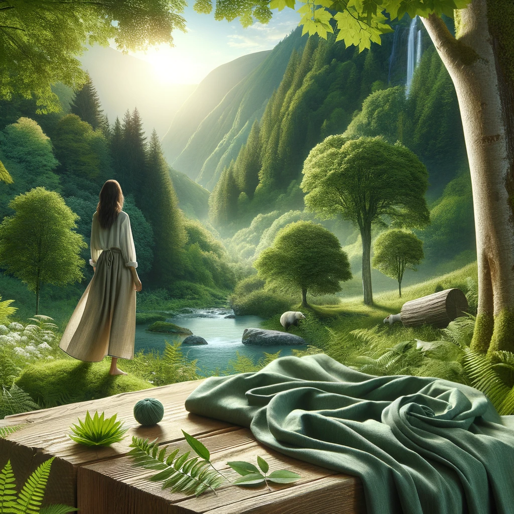 A beautiful outdoor scene with a focus on eco-friendliness, featuring modal fabric clothing and textiles