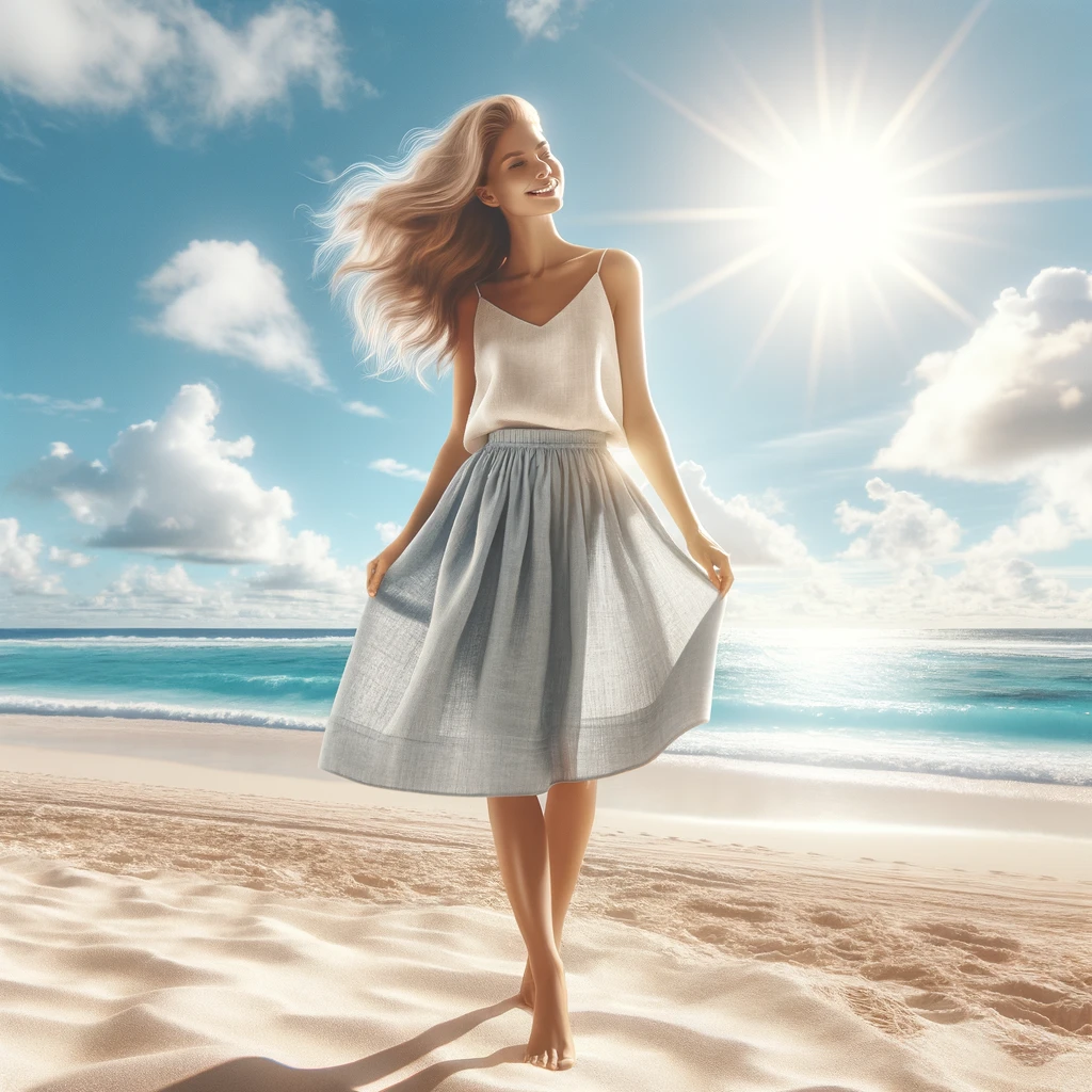 A woman at the beach on a bright sunny day. The sun is high in the sky, casting vibrant, clear light. She is wearing a light linen skirt