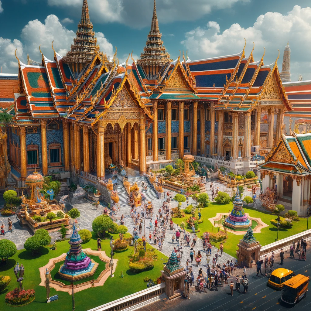 Bangkok's Grand Palace, a stunning example of Thai architecture, vibrant and intricate, with tourists exploring the grounds, sunny day