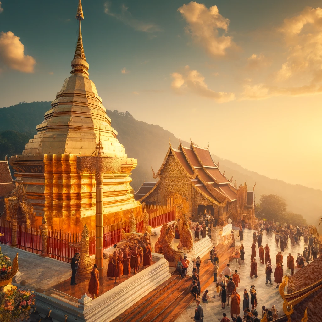Chiang Mai's Doi Suthep Temple, an iconic and serene Buddhist temple located on a mountain, with visitors and monks, clear day