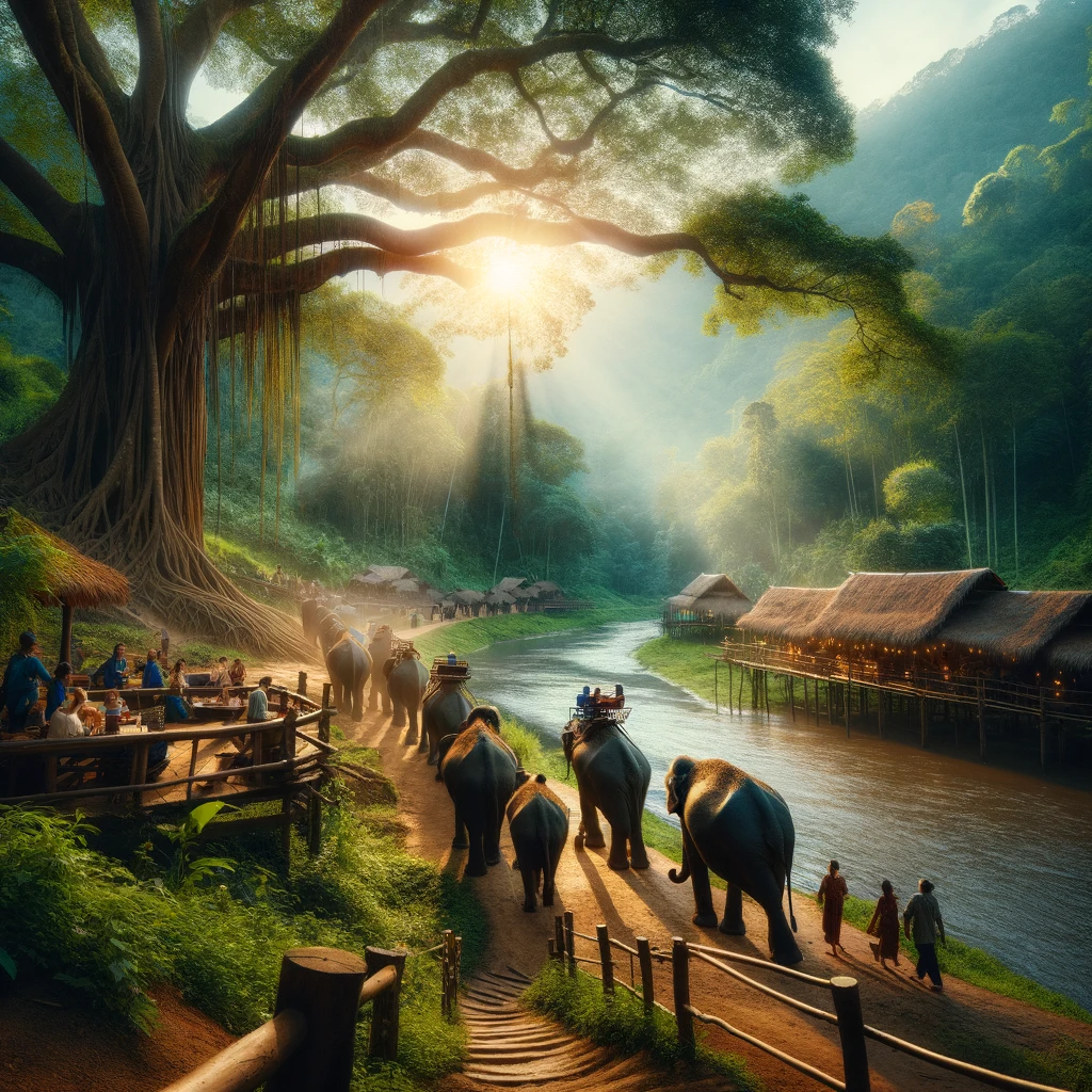 Ethical elephant sanctuary in Thailand, showing a serene environment where tourists interact respectfully with elephants, lush green setting