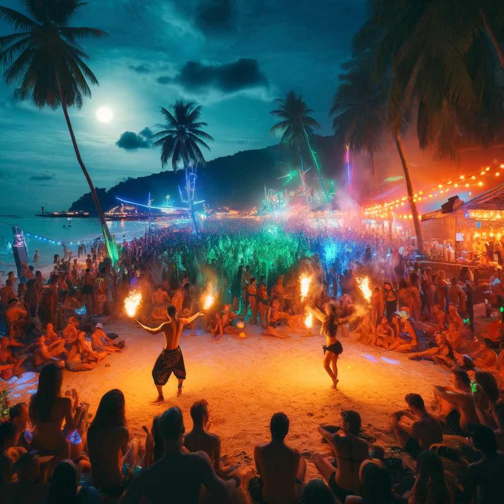 Koh Phangan's Full Moon Party, vibrant beach scene at night with people dancing, neon lights, and fire dancers, festive atmosphere