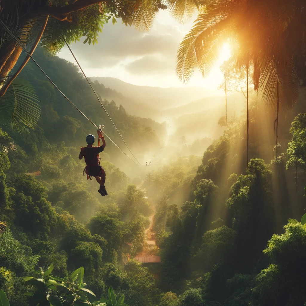 Outdoor adventure activities in Thailand, showing a person zip-lining through a lush tropical forest, exhilarating and scenic
