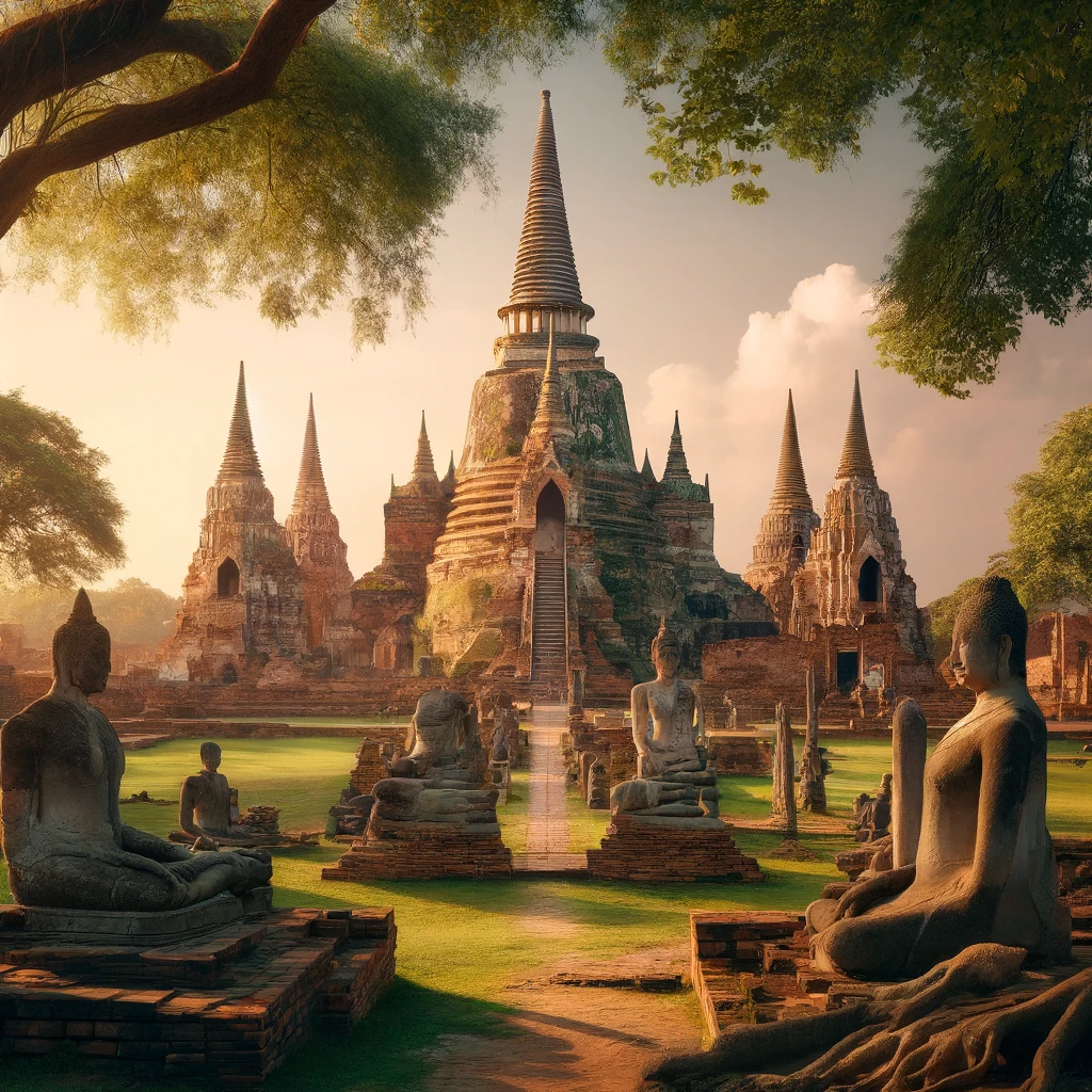 Ruins of Ayutthaya Historical Park, Thailand, showing ancient temples and statues in a lush green setting, sunny day