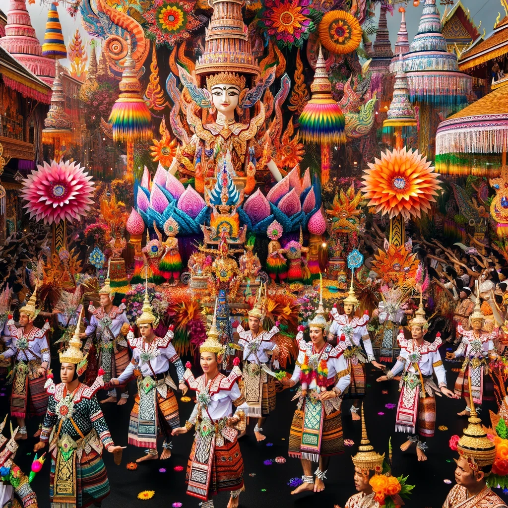 Thai cultural festival, vibrant scene showing people participating in traditional dances and music, colorful costumes and decorations, with all faces
