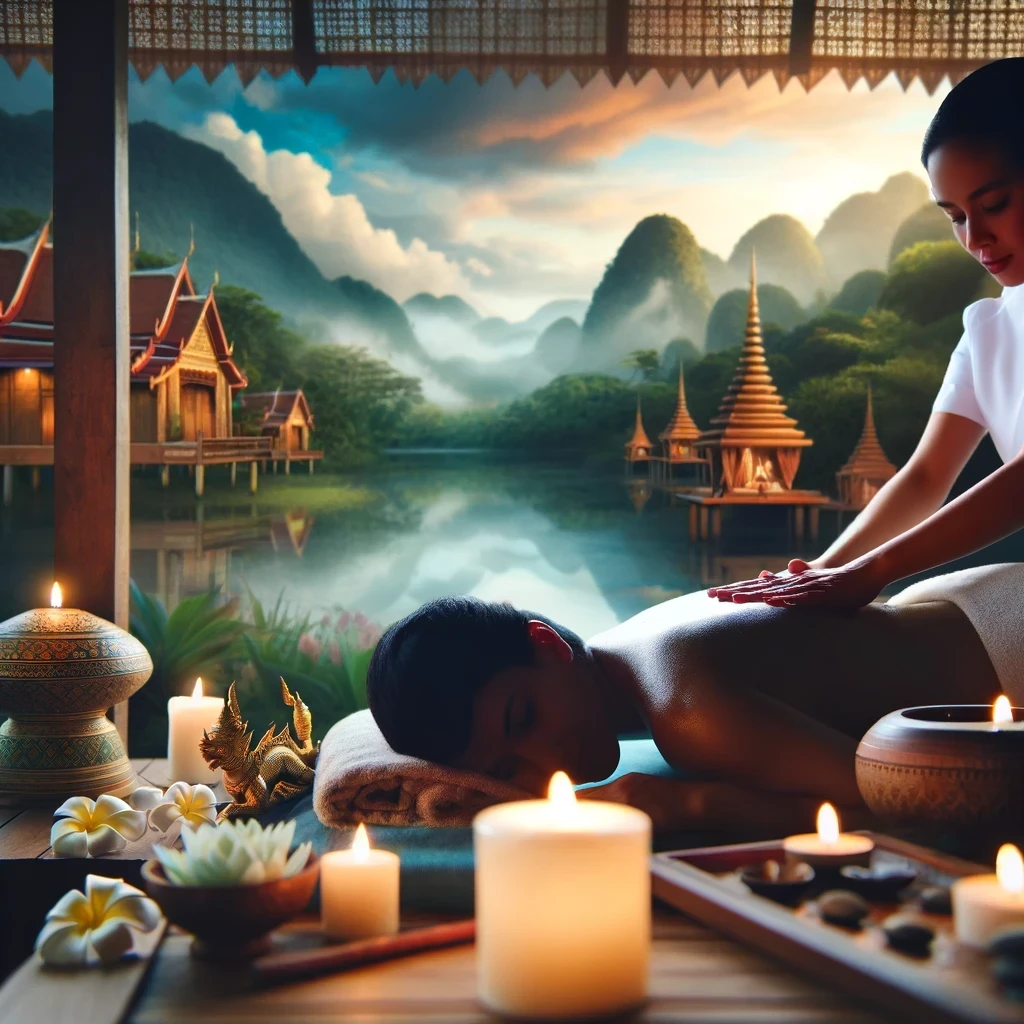 Traditional Thai massage in a serene spa setting, showing a female therapist facing the camera while performing a massage on a female client, relaxing