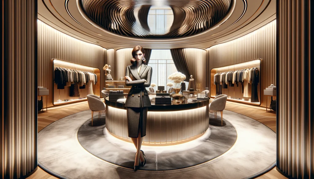 A fashion boutique with a curved interior, featuring a snooty-looking female salesperson