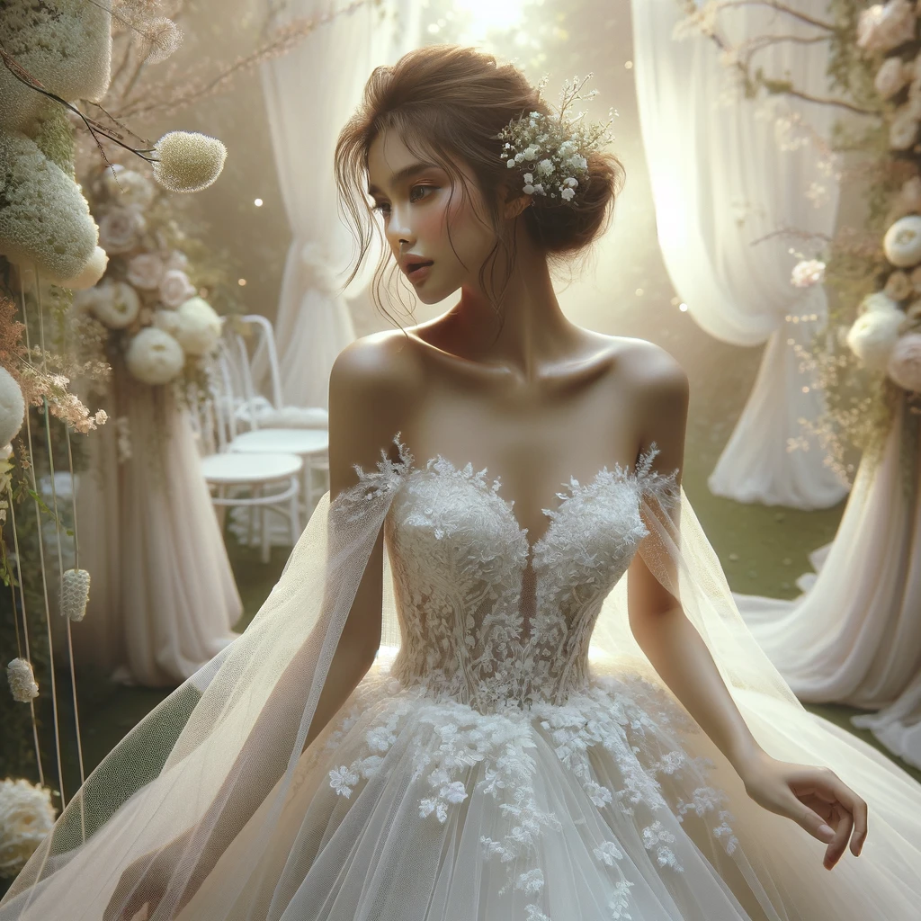 Bridal fashion scene featuring a bride in a stunning Bobbinet wedding gown. The bride, a Thai woman, is captured in an enchanting outdoor setting
