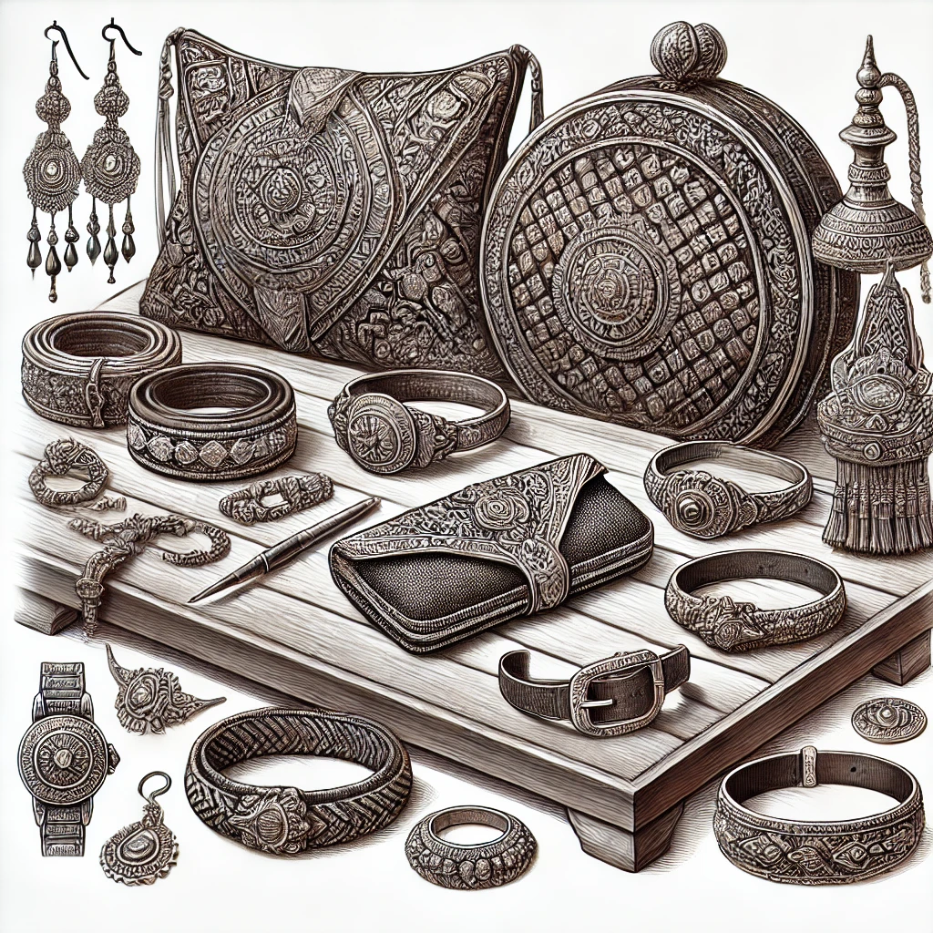 A detailed illustration of traditional Thai accessories, including silver jewelry, handcrafted belts, and embroidered bags. The setting includes a woo