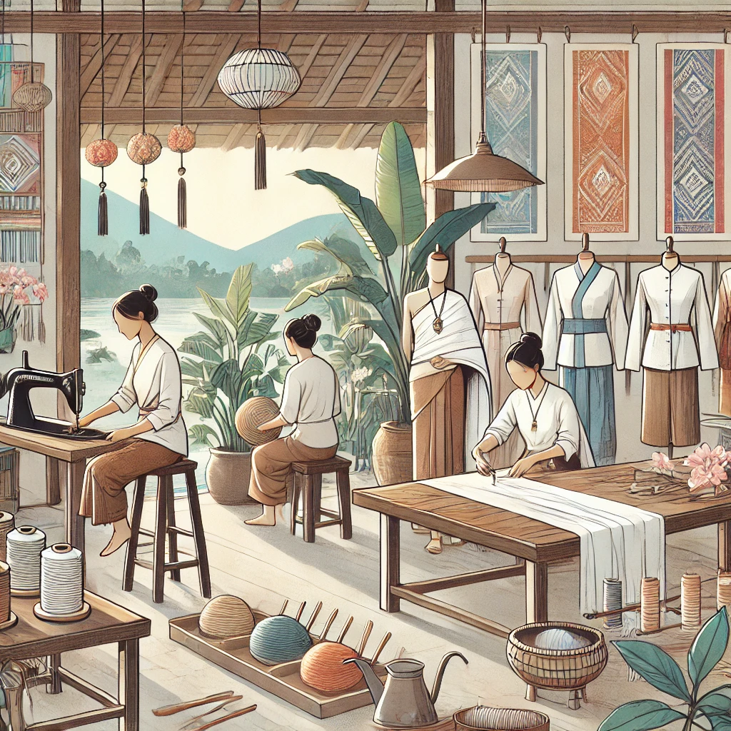 Illustration showcasing sustainable fashion practices in Thailand. The image features artisans crafting traditional Thai garments using sustainable fabrics