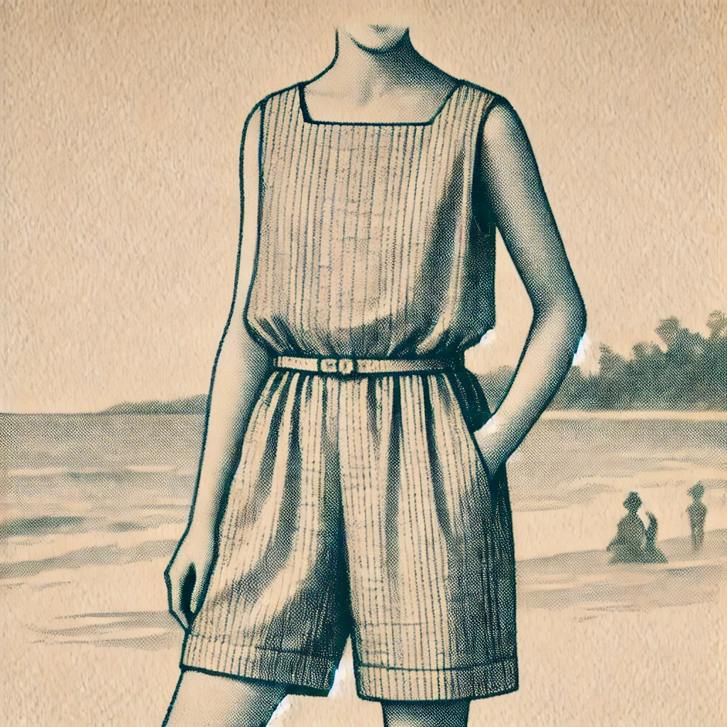 A vintage photograph or illustration of a 1920s woman wearing a romper as beachwear. The romper is sleeveless with a cinched waist, made from lightweight material