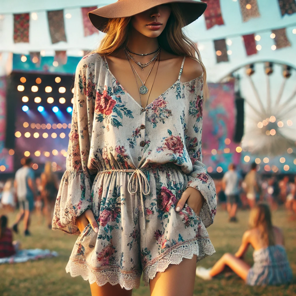 A woman wearing a flowy boho romper with floral patterns, accessorized with a wide-brimmed hat and layered necklaces, enjoying a summer festival