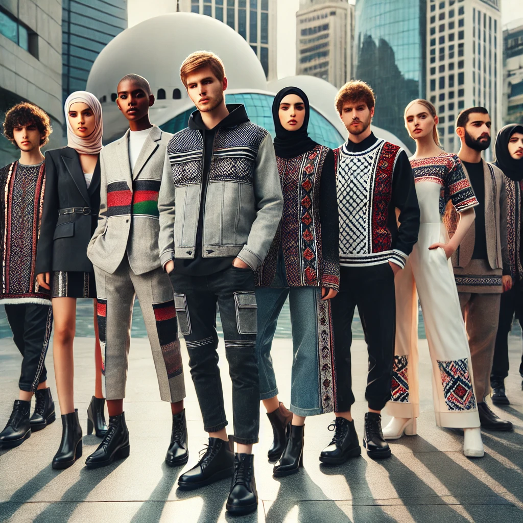 A group of diverse models wearing contemporary Palestinian fashion in a cosmopolitan setting. The designs incorporate traditional Palestinian elements