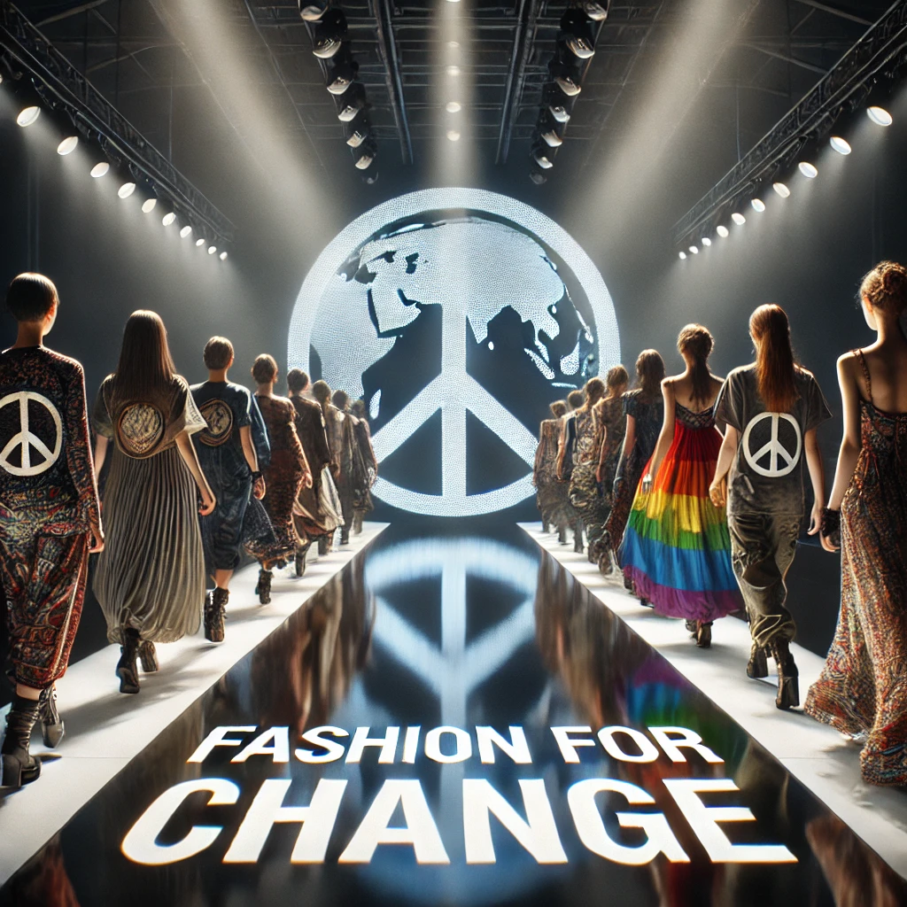 An image representing the power of fashion in global politics.<br>The vibrant representation embodies the essence of activism, illustrating how fashion can bridge expression and advocacy.<br>A dynamic scene showing a fashion runway with models wearing outfits inspired by activity