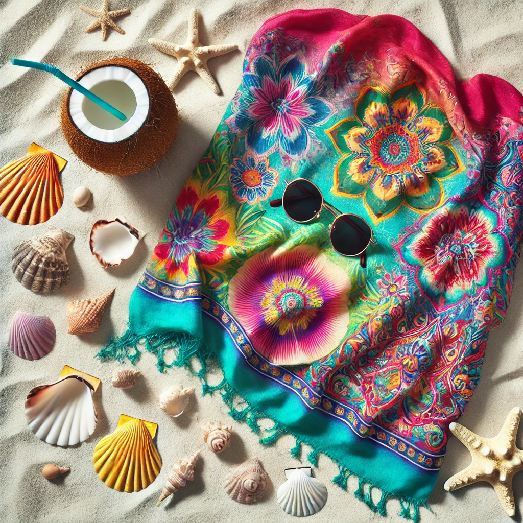 A colorful rayon sarong spread out on white sand, adorned with seashells, a coconut drink with a straw, and sunglasses, evoking a vibrant tropical vacation.