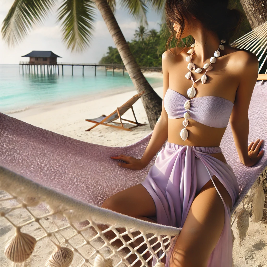 A pastel-colored bikini in lavender tones, styled with shell jewelry, worn by a model lounging in a hammock under palm trees with the ocean in the background.