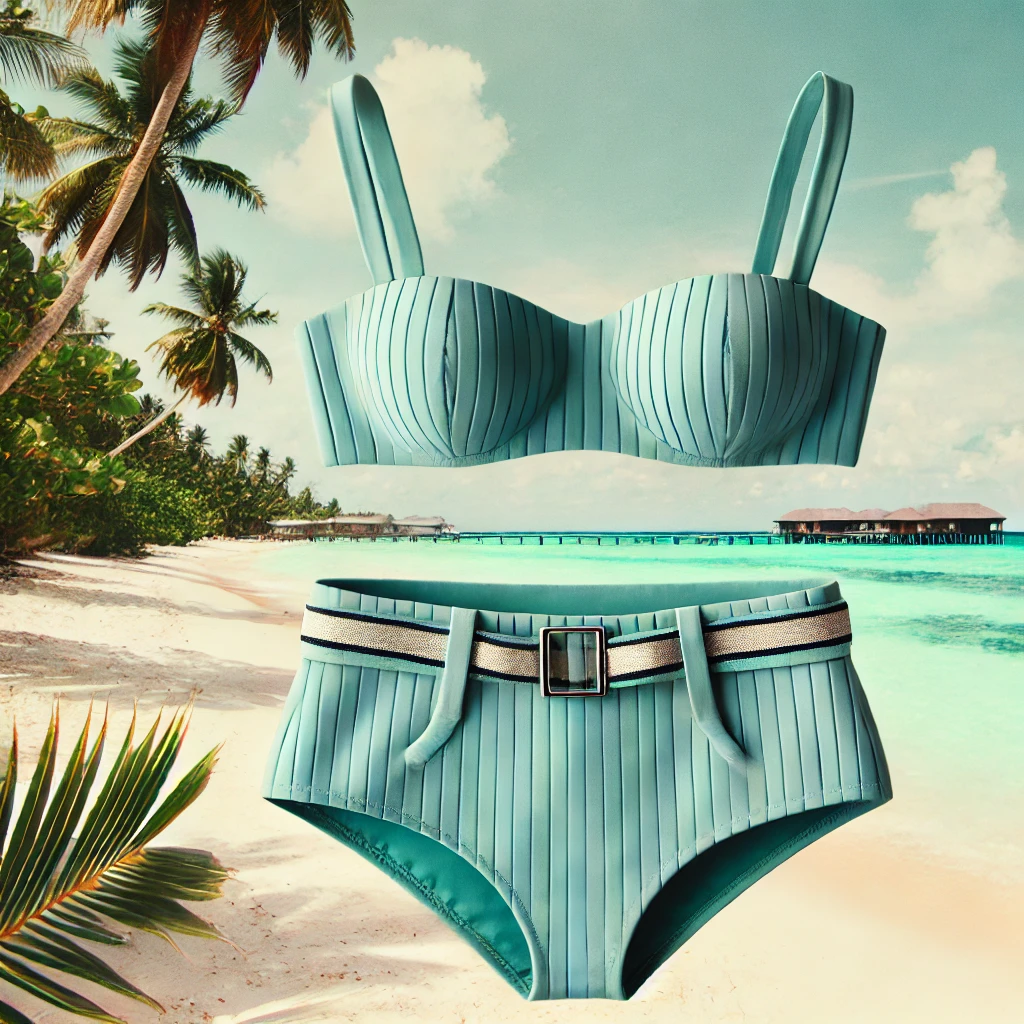 A stylish high-waisted bikini set against the backdrop of clear turquoise waters and a tropical beach with palm trees, evoking a fresh and summery vibe.