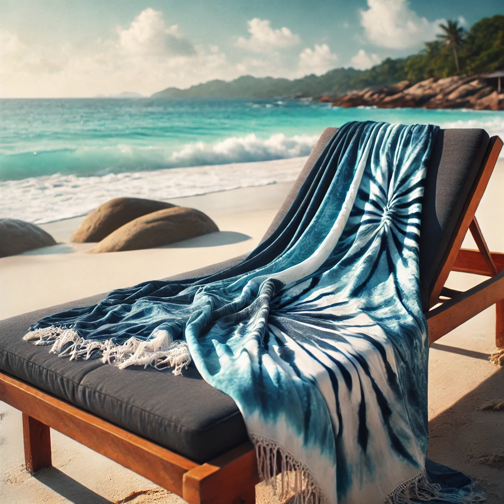 A tie-dye sarong in shades of blue and white draped over a lounge chair on a beach, with gentle waves in the background and a relaxed, tropical atmosphere.