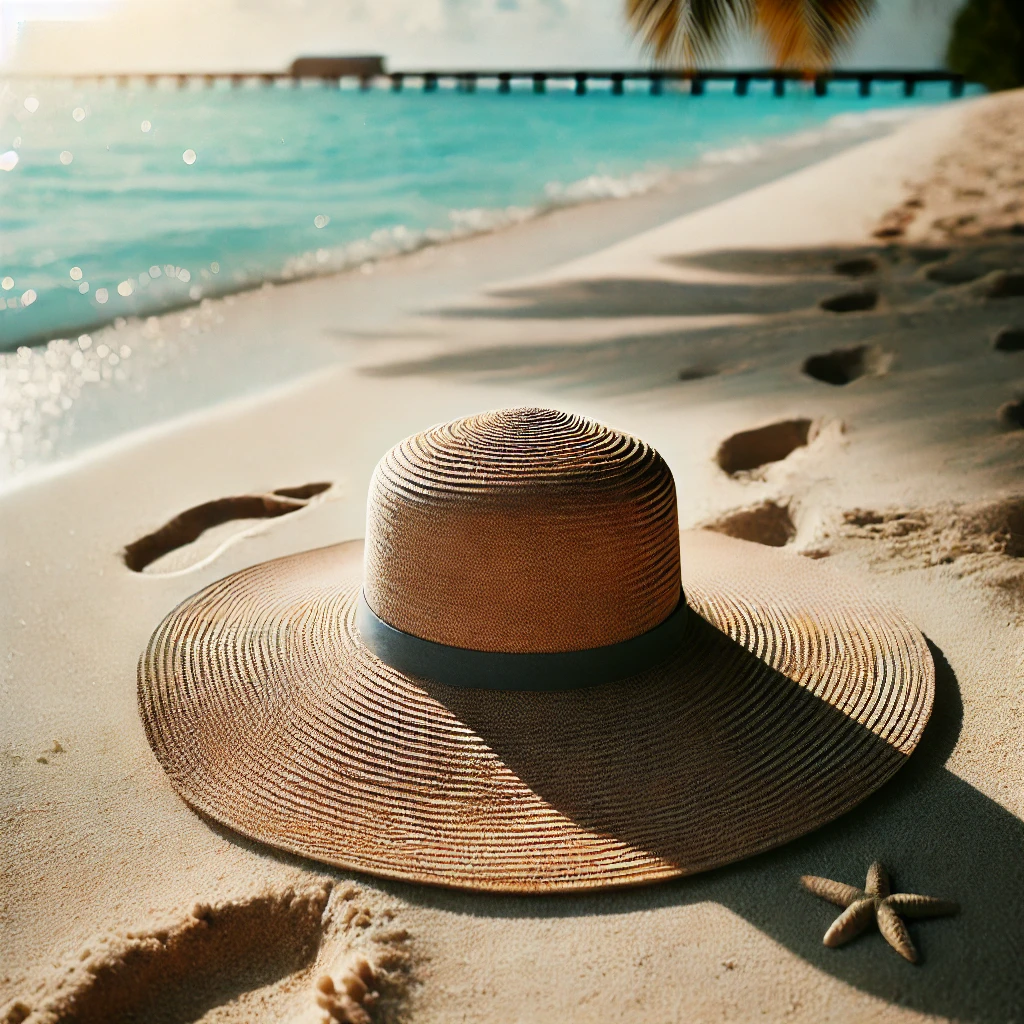A wide-brimmed sun hat casting soft shadows on a sandy beach, with footprints leading to the water and a sunny tropical ambiance in the background.