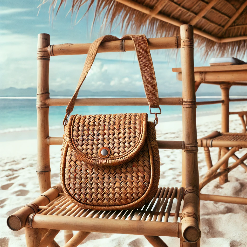 A woven crossbody bag hanging on a bamboo chair by the beach, with the ocean and white sand in the background, evoking a practical and tropical vibe.